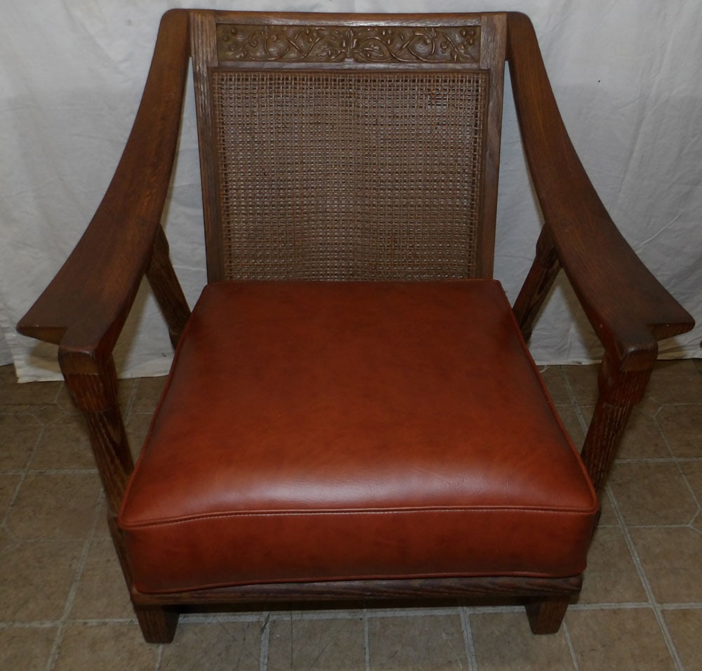 oak and faux leather mid century modern arm chair with cane back (1 of 7)