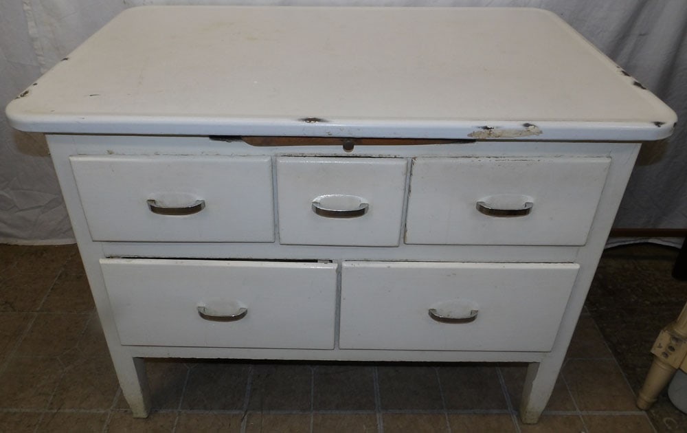 antique painted wood and enamel top kitchen cabinet (1 of 8)