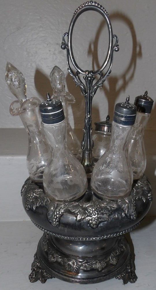 silver plated and glass bottle cruet stand (1 of 4)