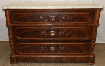 antique walnut Victorian three drawer chest with secret drawer & cracked marble top