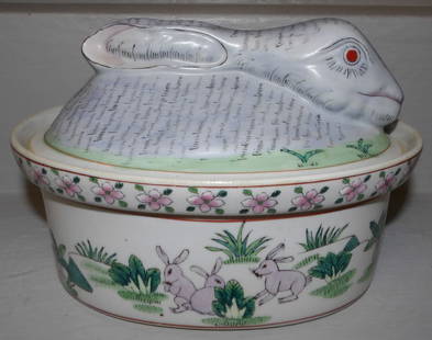 oriental porcelain bunny cover dish: oriental porcelain bunny cover dish. 6" H 9" W 6" D ALL DESCRIPTIONS AND ANY CONDITION STATEMENT GIVEN BY LANGSTON AUCTION GALLERY ARE STRICTLY OPINIONS AND LANGSTON'S SHALL HAVE NO RESPONSIBILITY FOR