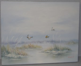 Oil on Canvas of Mallard Ducks Flying Over Water Artist Signed