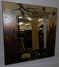 antique hand painted wood framed bevel edge mirror with bird motif