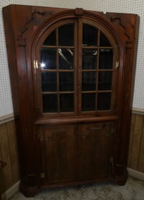 19th century pine glass door corner cabinet