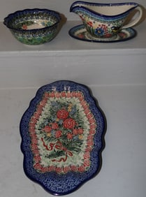 hand painted polish gravy bowl, tray, and bowl