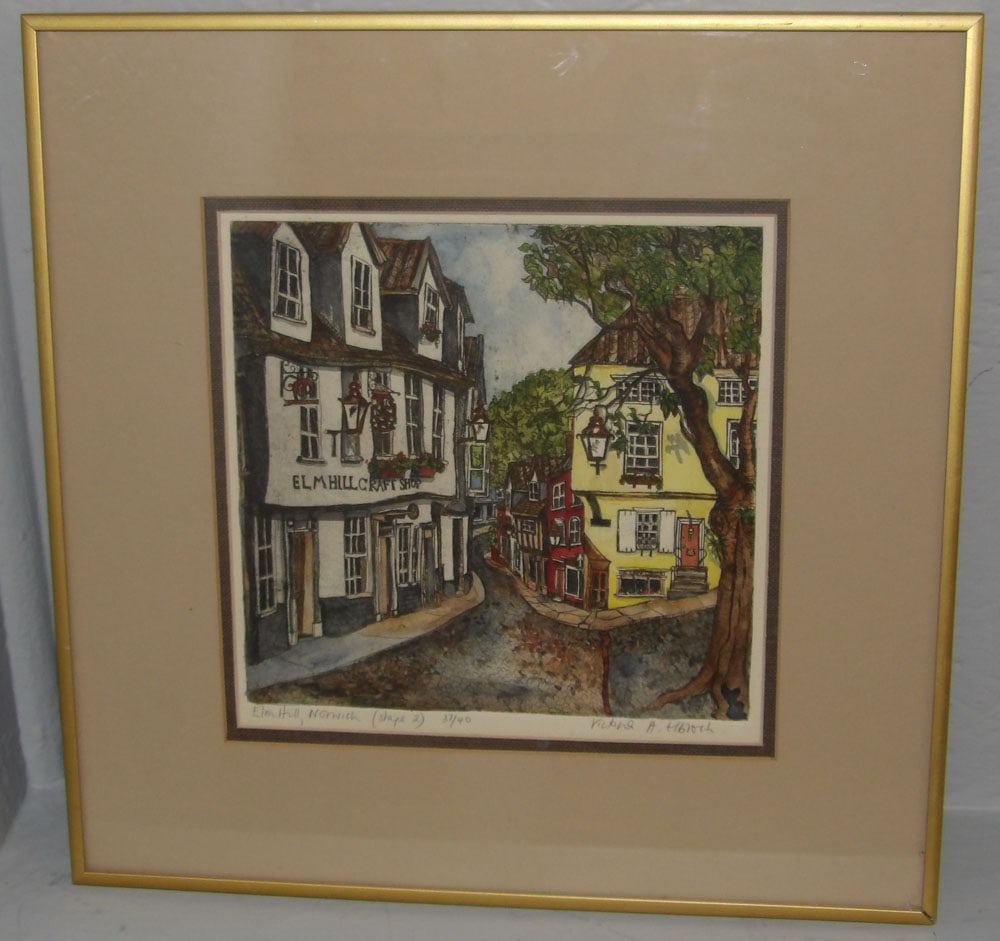Framed Pen Ink Watercolor of Elm Hill Street Scene Pencil Signed: Framed Pen Ink Watercolor of Elm Hill Street Scene Pencil Signed . 16" Dia. ALL DESCRIPTIONS AND ANY CONDITION STATEMENT GIVEN BY LANGSTON AUCTION GALLERY ARE STRICTLY OPINIONS AND LANGSTON'S SHALL HA