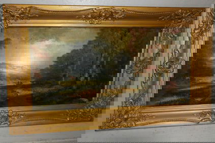 antique framed oil on canvas farm scene