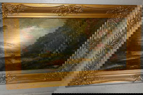 antique framed oil on canvas farm scene: antique framed oil on canvas farm scene . 17 1/4" x 29" ALL DESCRIPTIONS AND ANY CONDITION STATEMENT GIVEN BY LANGSTON AUCTION GALLERY ARE STRICTLY OPINIONS AND LANGSTON'S SHALL HAVE NO RESPONSIBILITY