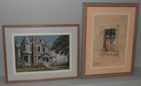 Two Framed Paintings on Canvas of Victorian Home & Iron Framed Window Sill Artist Signed by Jan Bish