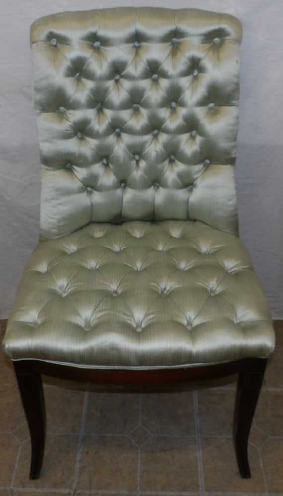 mahogany and silk upholstered chair: mahogany and silk upholstered chair . 37" H 20" W 18" D ALL DESCRIPTIONS AND ANY CONDITION STATEMENT GIVEN BY LANGSTON AUCTION GALLERY ARE STRICTLY OPINIONS AND LANGSTON'S SHALL HAVE NO RESPONSIBILITY