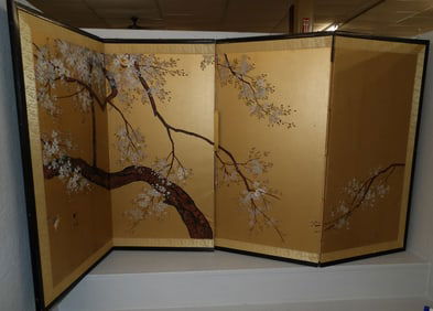 oriental hand painted four panel screen