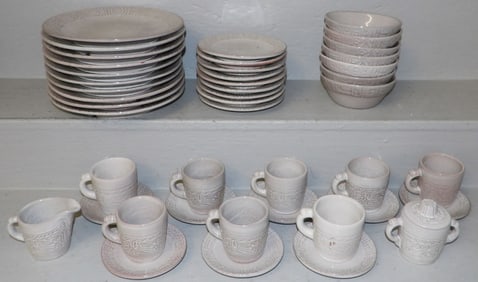 44 Pieces of Frankoma Pottery Mayan Aztec White Sand Dinnerware