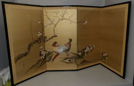 Oriental Watercolor on Silk Four Panel Screen with Pheasant Motif & Character Marks