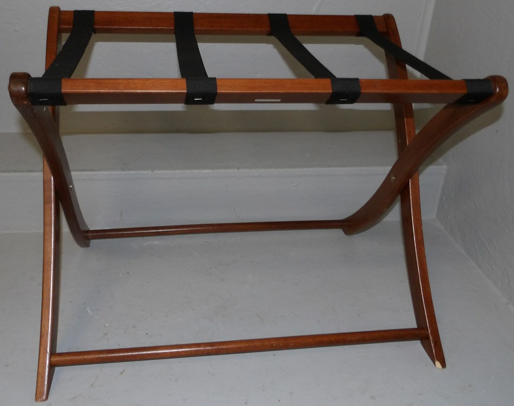 mahogany luggage rack: mahogany luggage rack. 20 1/4" H 26 3/4" W 18" D ALL DESCRIPTIONS AND ANY CONDITION STATEMENT GIVEN BY LANGSTON AUCTION GALLERY ARE STRICTLY OPINIONS AND LANGSTON'S SHALL HAVE NO RESPONSIBILITY FOR ER