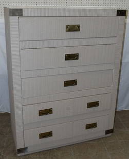 modern painted rattan and brass bound 5 drawer chest by lea: modern painted rattan and brass bound 5 drawer chest by lea. 47 1/2L 36W 18 1/4H ALL DESCRIPTIONS AND ANY CONDITION STATEMENT GIVEN BY LANGSTON AUCTION GALLERY ARE STRICTLY OPINIONS AND LANGSTON'S SHA