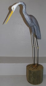 painted carved wood and metal heron statue