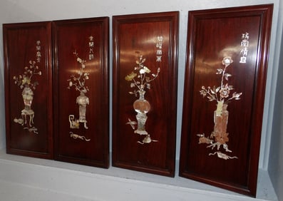 lot of four oriental rosewood and mother of pearl inlay wall panels signed with character marks