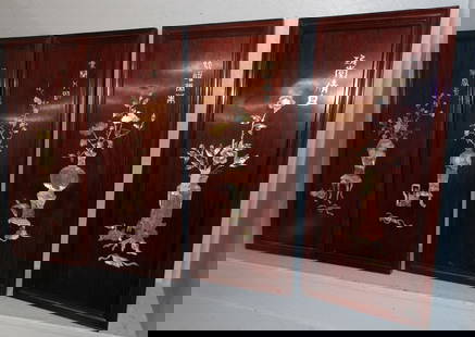 lot of four oriental rosewood and mother of pearl inlay wall panels signed with character marks: lot of four oriental rosewood and mother of pearl inlay wall panels signed with character marks . 30 1/2" x 13" ALL DESCRIPTIONS AND ANY CONDITION STATEMENT GIVEN BY LANGSTON AUCTION GALLERY ARE STRIC