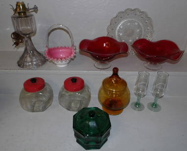 lot of glass items including Fenton basket: lot of glass items including Fenton basket. Up to 11 1/2" H 5 3/4" Dia. ALL DESCRIPTIONS AND ANY CONDITION STATEMENT GIVEN BY LANGSTON AUCTION GALLERY ARE STRICTLY OPINIONS AND LANGSTON'S SHALL HAVE N