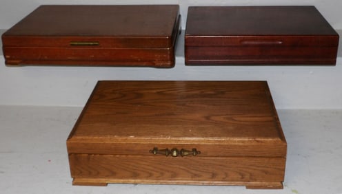 Three Vintage Wood Flatware Boxes in Oak & Mahogany