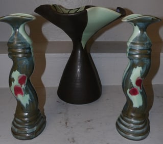 Three Piece Pottery Console Set Signed