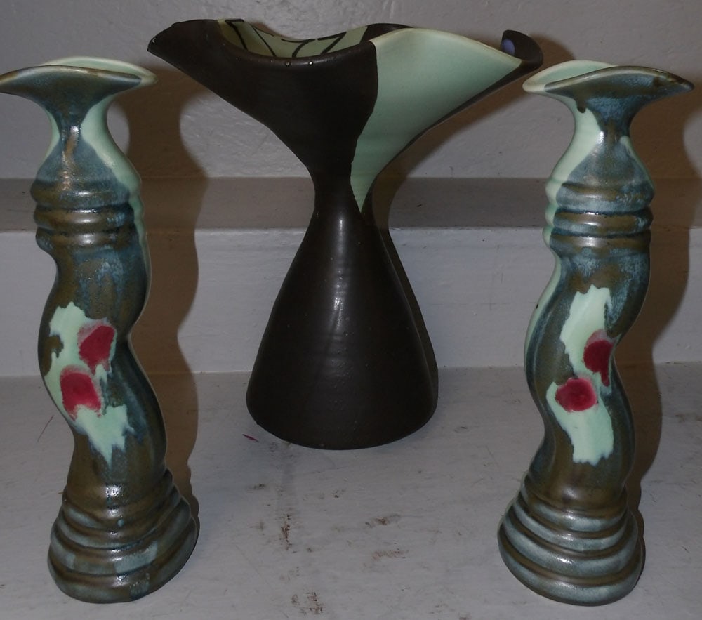 Three Piece Pottery Console Set Signed (1 of 3)
