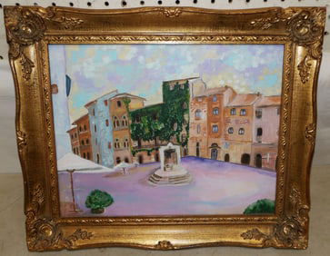 Framed Oil on Canvas European Town Center Scene