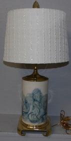 Mid Century Modern Painted Porcelain Vase Made Into Lamp with Fish Motif
