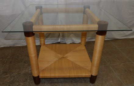 Mid Century Modern Cherry & Rattan Glass Top Table