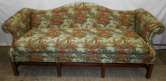 Oriental Print Upholstered Chinese Chippendale Camel Back Sofa