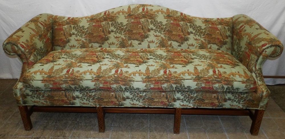 Oriental Print Upholstered Chinese Chippendale Camel Back Sofa (1 of 9)