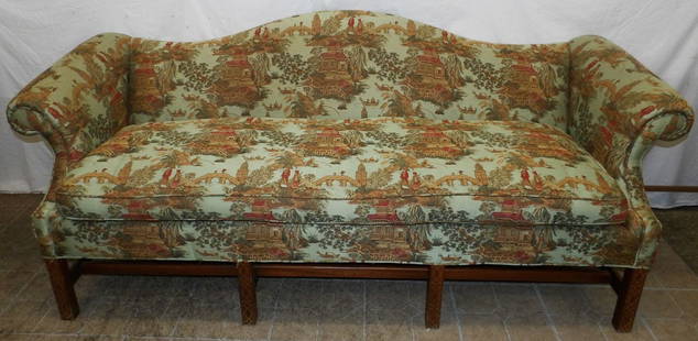 Oriental Print Upholstered Chinese Chippendale Camel Back Sofa: Oriental Print Upholstered Chinese Chippendale Camel Back Sofa. 34" H 82" W 36" D ALL DESCRIPTIONS AND ANY CONDITION STATEMENT GIVEN BY LANGSTON AUCTION GALLERY ARE STRICTLY OPINIONS AND LANGSTON'S SH