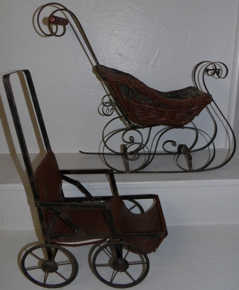 Wicker & Metal Doll Sleigh & Metal Doll Carriage: Wicker & Metal Doll Sleigh & Metal Doll Carriage . Up to 19 1/2" H 22" W 9" D ALL DESCRIPTIONS AND ANY CONDITION STATEMENT GIVEN BY LANGSTON AUCTION GALLERY ARE STRICTLY OPINIONS AND LANGSTON'S SHALL