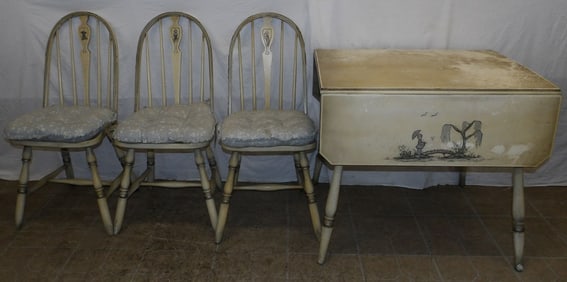 Oriental Paint Decorated Drop Leaf Dining Table with Three Chairs