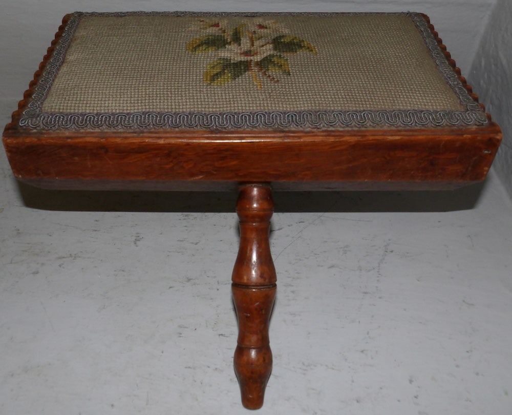 Antique Oak & Needlepoint Top Footstool (1 of 3)