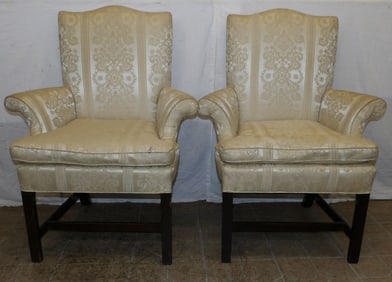 Pair of Mahogany & Silk Upholstered Arm Chairs