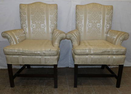 Pair of Mahogany & Silk Upholstered Arm Chairs: Pair of Mahogany & Silk Upholstered Arm Chairs . 40 1/4" H 31" W 23" D ALL DESCRIPTIONS AND ANY CONDITION STATEMENT GIVEN BY LANGSTON AUCTION GALLERY ARE STRICTLY OPINIONS AND LANGSTON'S SHALL HAVE NO