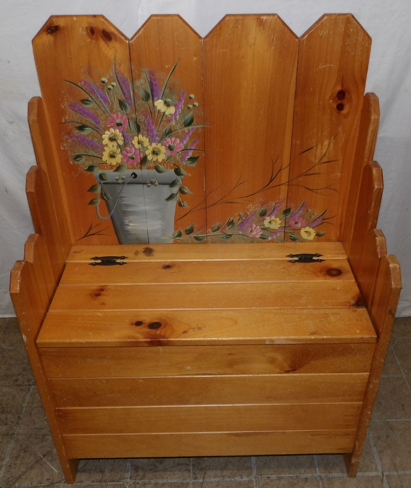 Paint Decorated Pine Bench with Lift Top Seat (1 of 7)