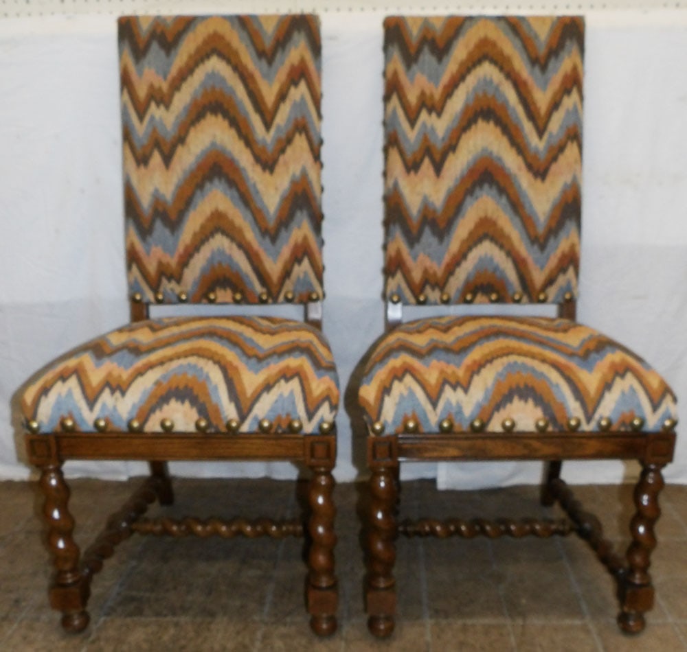 Pair of Oak Barley Twist Side Chairs with Flame Stitch Upholstery: Pair of Oak Barley Twist Side Chairs with Flame Stitch Upholstery. 42 1/2" H 20" W 22" D ALL DESCRIPTIONS AND ANY CONDITION STATEMENT GIVEN BY LANGSTON AUCTION GALLERY ARE STRICTLY OPINIONS AND LANGST