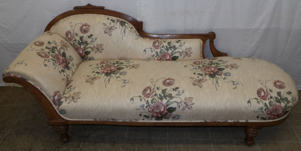 Antique Carved Walnut Victorian Upholstered Chaise Lounge (1 of 5)