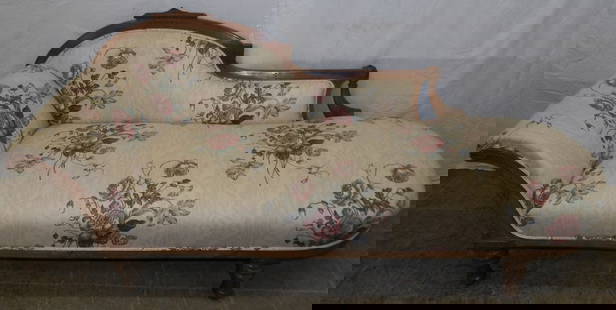 Antique Carved Walnut Victorian Upholstered Chaise Lounge: Antique Carved Walnut Victorian Upholstered Chaise Lounge. 34" H 75" W 26" D ALL DESCRIPTIONS AND ANY CONDITION STATEMENT GIVEN BY LANGSTON AUCTION GALLERY ARE STRICTLY OPINIONS AND LANGSTON'S SHALL H