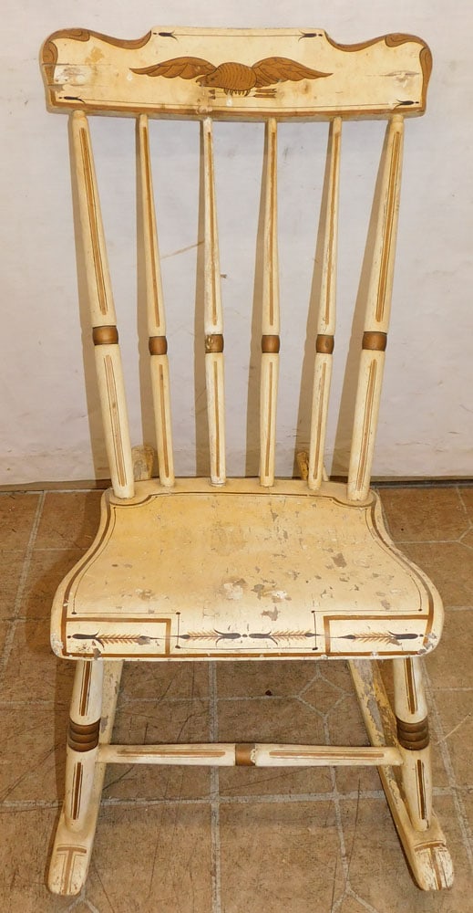 Paint Decorated Rocking Chair: Paint Decorated Rocking Chair. 32 1/2" H 17" W 29" D ALL DESCRIPTIONS AND ANY CONDITION STATEMENT GIVEN BY LANGSTON AUCTION GALLERY ARE STRICTLY OPINIONS AND LANGSTON'S SHALL HAVE NO RESPONSIBILITY FO