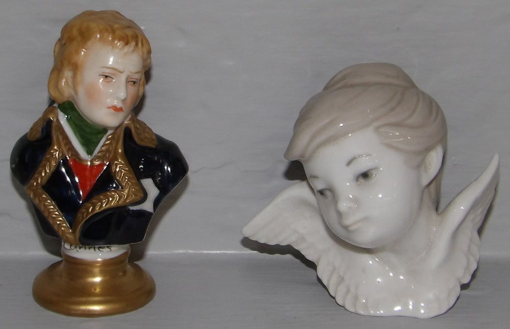 Miniature Porcelain Bust & Lladro Angel Face: Miniature Porcelain Bust & Lladro Angel Face . 3 1/2" H 2" Dia. ALL DESCRIPTIONS AND ANY CONDITION STATEMENT GIVEN BY LANGSTON AUCTION GALLERY ARE STRICTLY OPINIONS AND LANGSTON'S SHALL HAVE NO RESPON