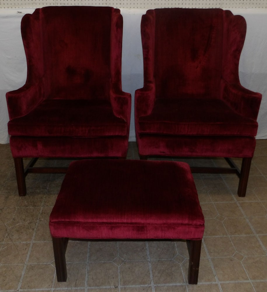 Pair of Mahogany & Velvet Upholstered Wing Back Chairs & Ottoman (1 of 9)
