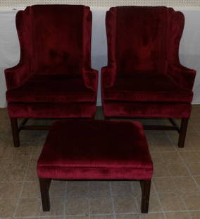 Pair of Mahogany & Velvet Upholstered Wing Back Chairs & Ottoman: Pair of Mahogany & Velvet Upholstered Wing Back Chairs & Ottoman. 43 1/2" H 29 1/2" W 30" D ALL DESCRIPTIONS AND ANY CONDITION STATEMENT GIVEN BY LANGSTON AUCTION GALLERY ARE STRICTLY OPINIONS AND LAN