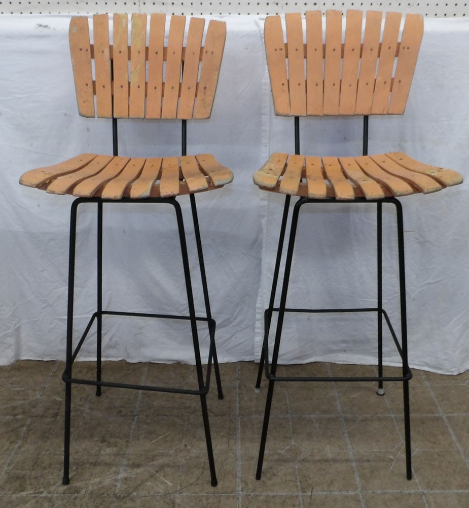 Pair of Mid Century Modern Painted Wrought Iron & Wood Bar Stools (1 of 4)