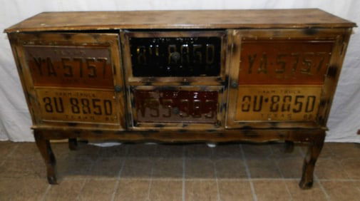Pine Two Over Two Decorated Cabinet with Metal License Tag Motif