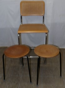 Mid Century Modern Chrome & Cane Seat Back Bar Stool & Pair of Metal /Teak Wood Danish Stools