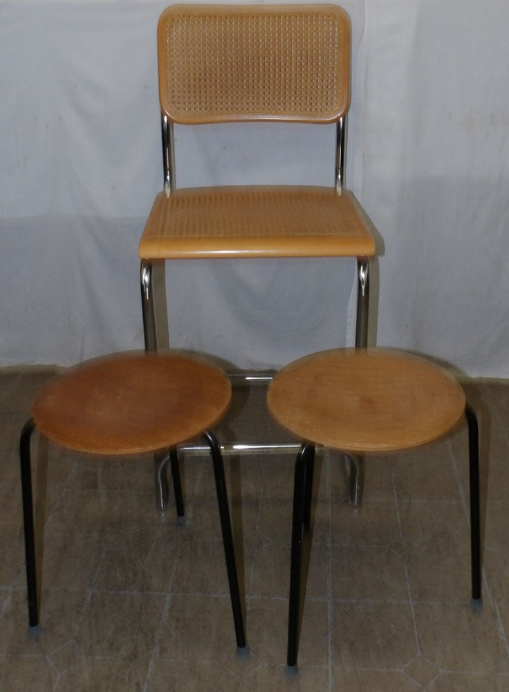 Mid Century Modern Chrome & Cane Seat Back Bar Stool & Pair of Metal /Teak Wood Danish Stools (1 of 3)