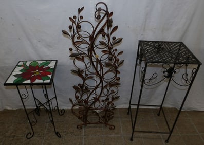 Two Painted Metal Plant Stands & Metal Wine Rack